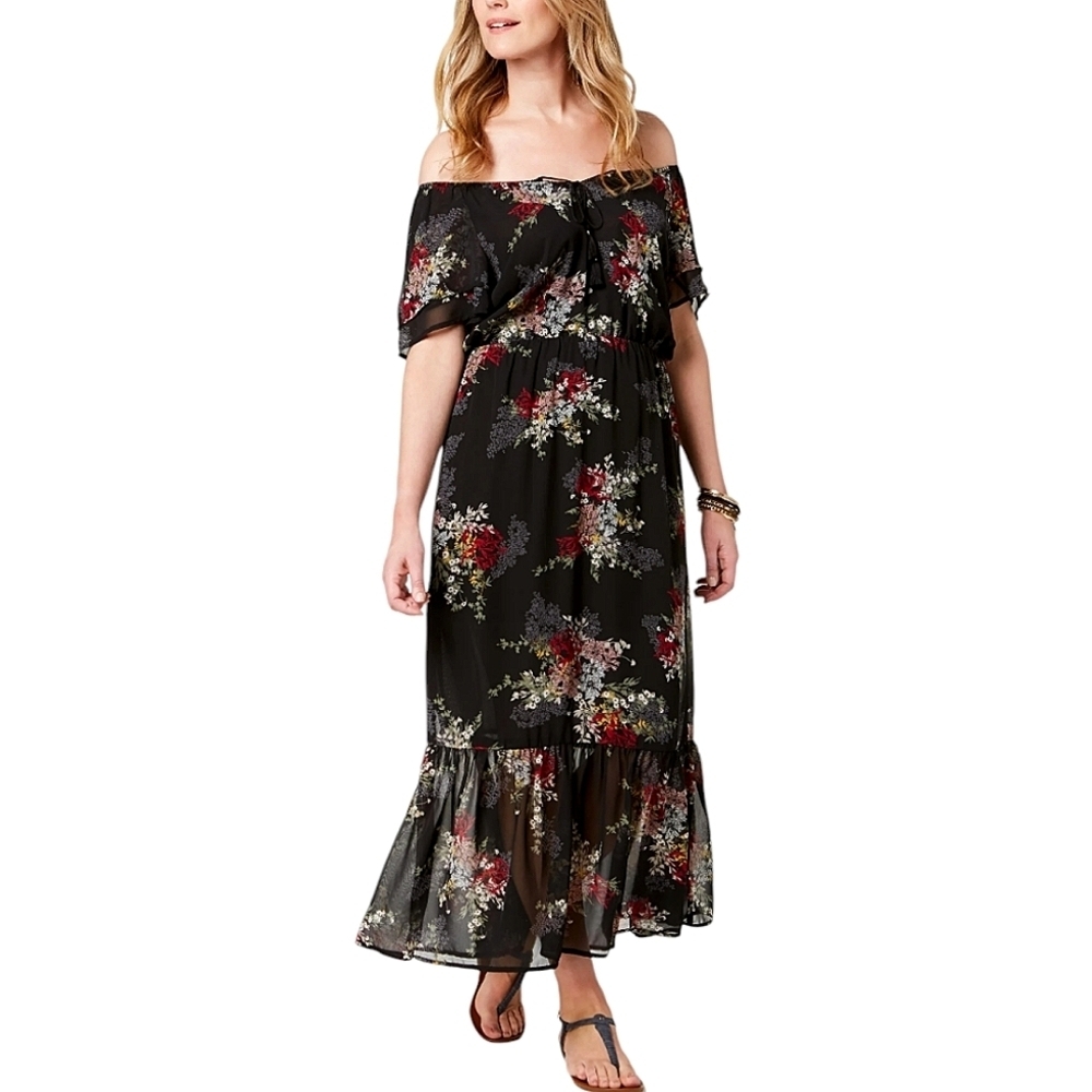 Black Floral Off-Shoulder Maxi Dress With Magenta, Sage, & Butter Yellow Flowers